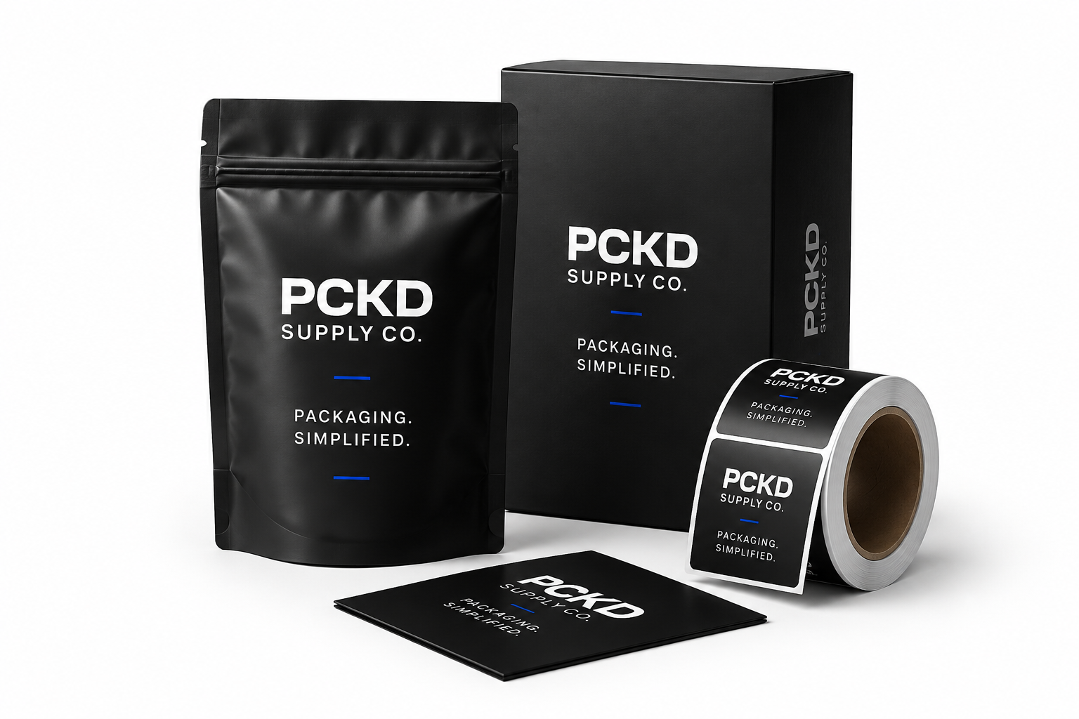 PCKD Supply Co. custom black pouch, retail box, label roll, and card mockups